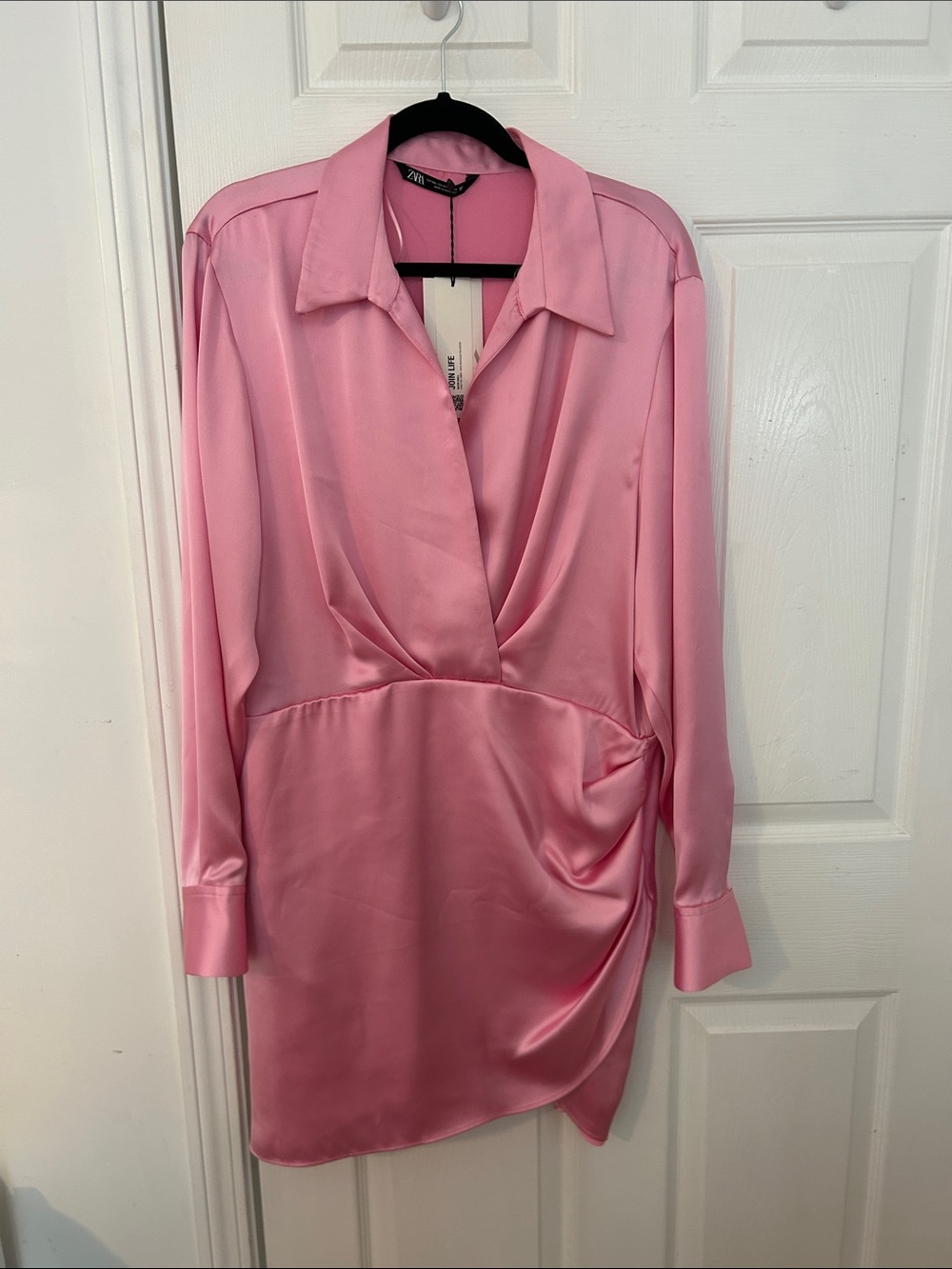 Zara Pink Satin Collared Mini Dress